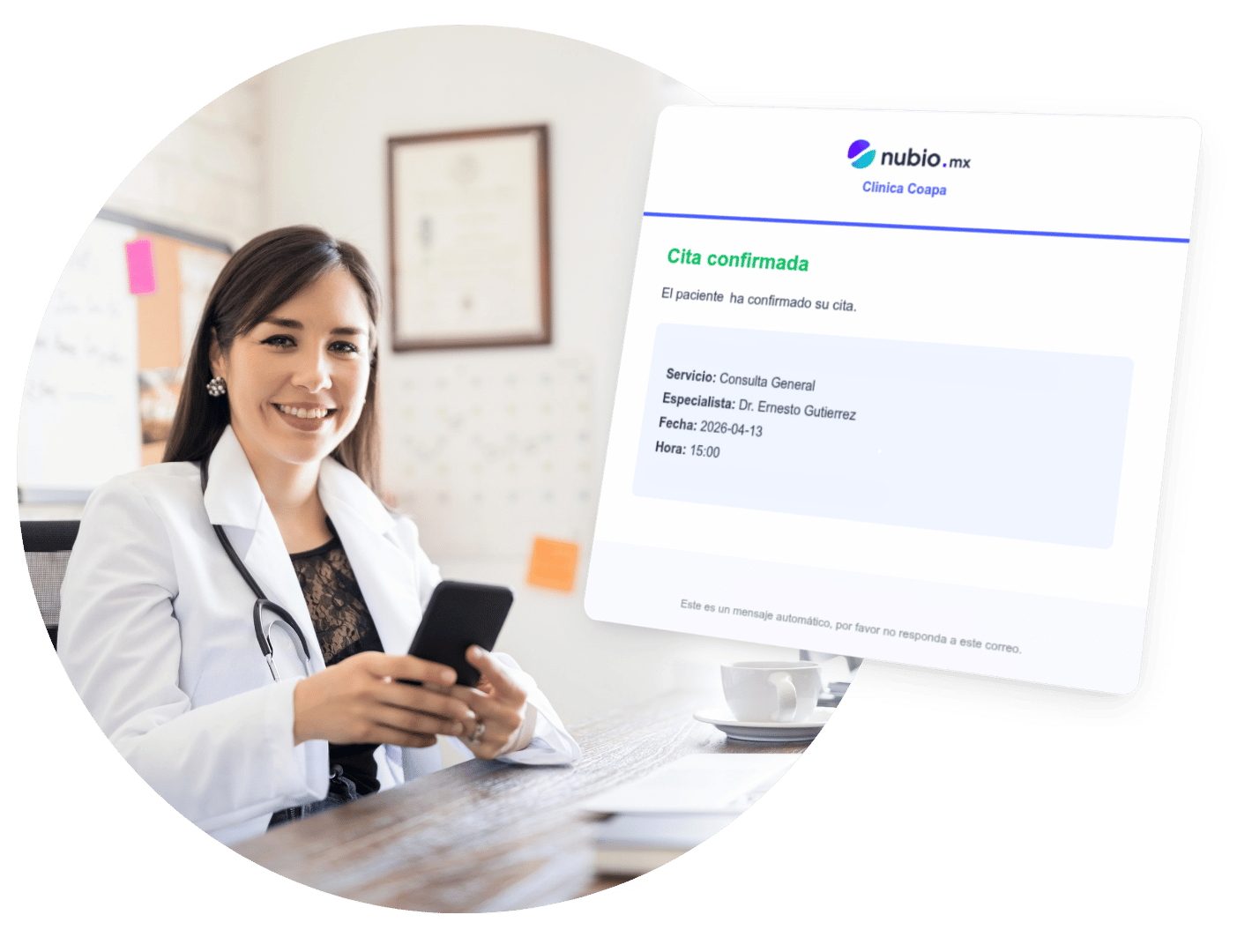 Doctora con notificación de cita agendada en su celular